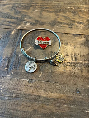 Dog Lover Jewelry Bundle: Earth Angel Expandable Bangle Bracelet & Dog Mom Pin